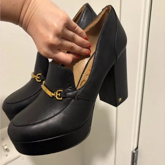 Sam Edelman Y2K stacked chunky black leather gold buckle loafers sz 10 - Picture 9 of 9